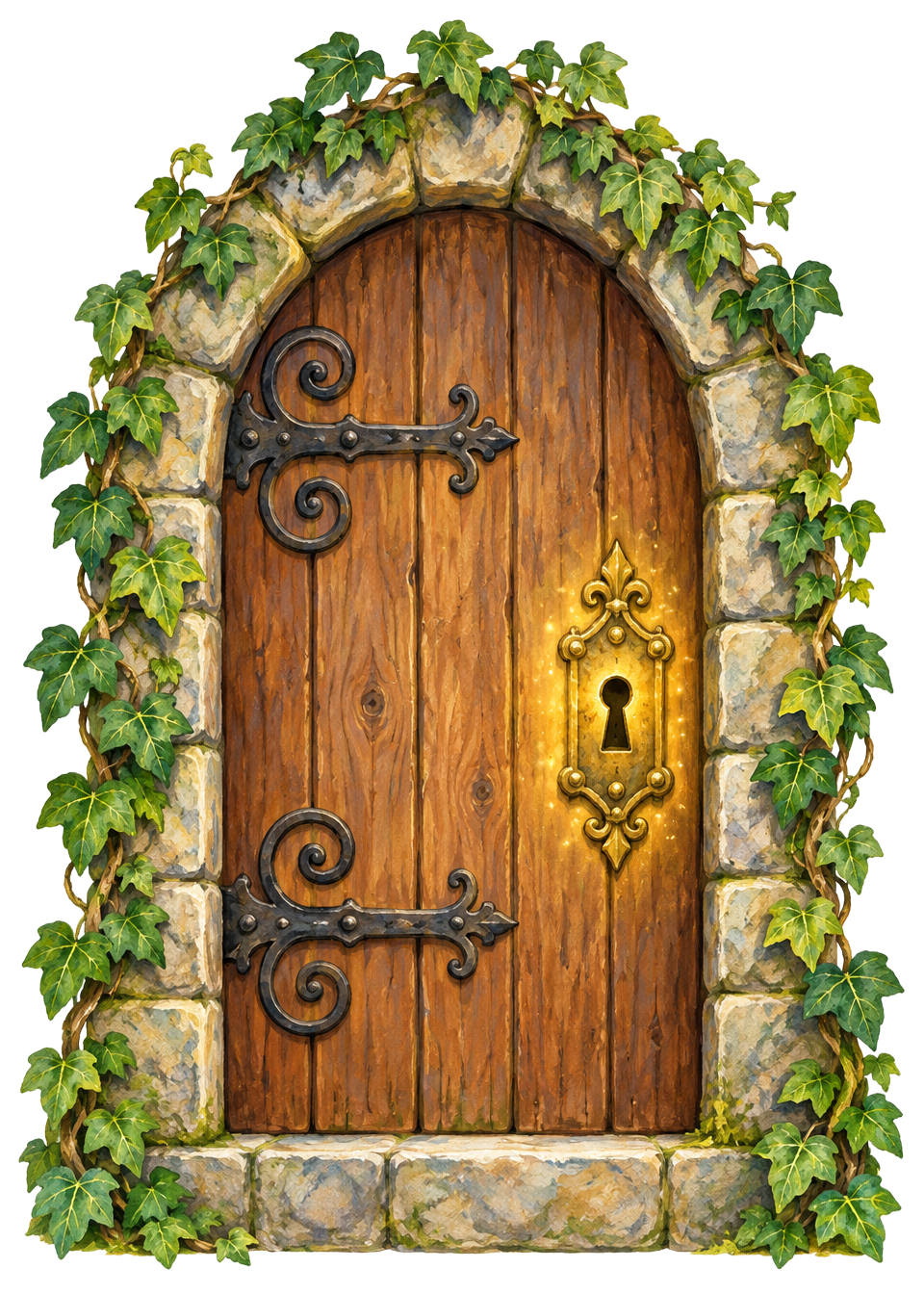 A hand-painted wooden storybook door framed in ivy, with a glowing brass keyhole